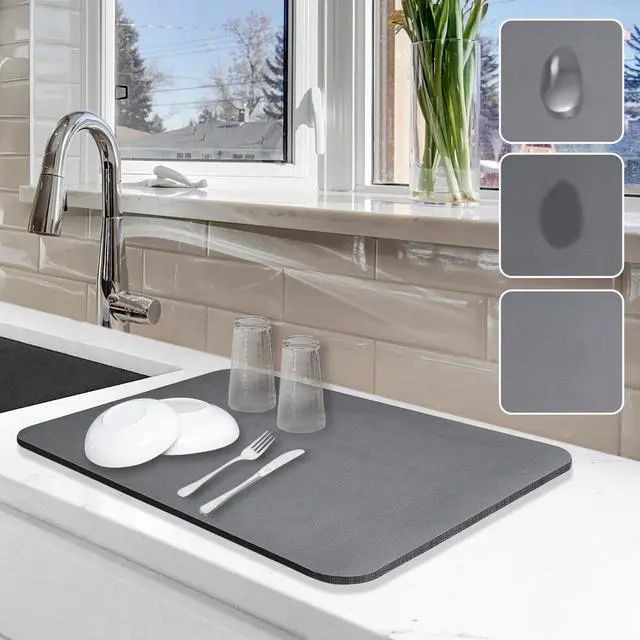 Main image of Dish Drying Mat for Kitchen Counter, 12"x19" Pad with Rubber Backed (Grey)