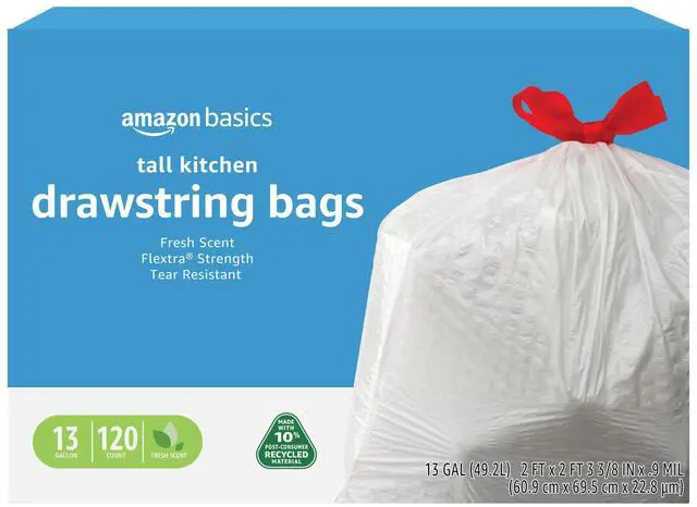 Main image of 13 Gallon Tall Kitchen Drawstring Trash Bags, Flextra Strength, Clean Fresh Scent, Tear Resistant, 0.9 mil Thickness, 10% Post Consumer Recycled, 120 Count