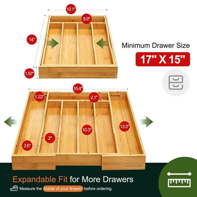 Alt view image 2 of 7 - Expandable Bamboo Kitchen Drawer Organizer for Cutlery and Utensils, Adjustable Bamboo Wood Cutlery Tray in Drawer for Flatware and Silverware in Kitchen, (Natural)