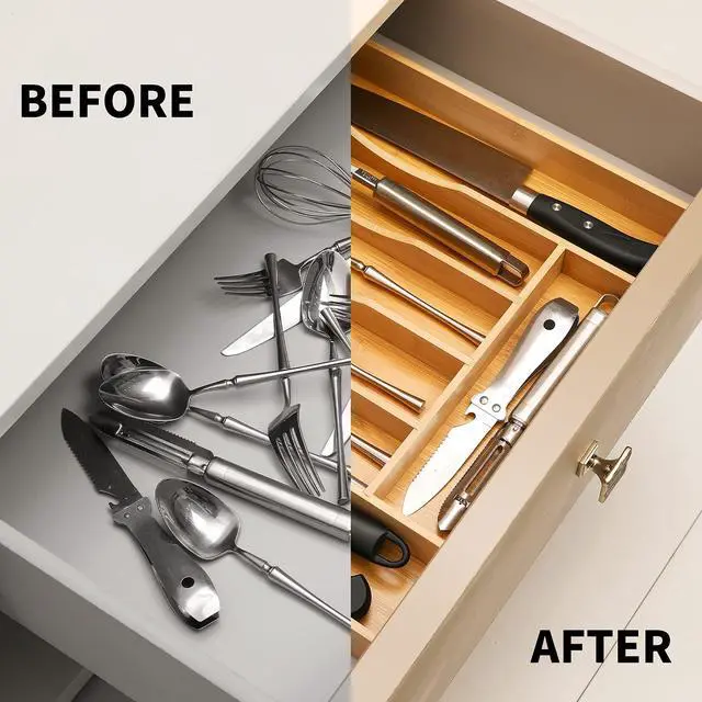 Alt view image 4 of 7 - Expandable Bamboo Kitchen Drawer Organizer for Cutlery and Utensils, Adjustable Bamboo Wood Cutlery Tray in Drawer for Flatware and Silverware in Kitchen, (Natural)