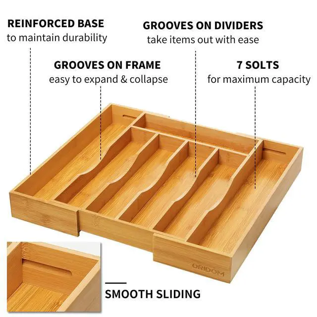 Alt view image 5 of 7 - Expandable Bamboo Kitchen Drawer Organizer for Cutlery and Utensils, Adjustable Bamboo Wood Cutlery Tray in Drawer for Flatware and Silverware in Kitchen, (Natural)