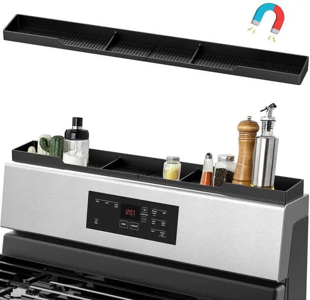 Main image of Stove Top Shelf 30 Inch - Silicone Material Magnetic Shelf for Stove - 3 Functional Partitions Kitchen Spice Rack Organizer-Black,Kitchen Gadgets Storage Organization