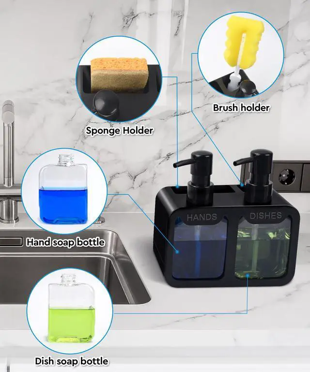 Alt view image 2 of 7 - Kitchen Hand Soap and Dish Soap Dispenser Set, Dual Soap Dispenser with Sponge Caddy and Brush Holder 4-in-1 Organizer for Kitchen Sink Countertop, Useful Kitchen Gadgets - Black
