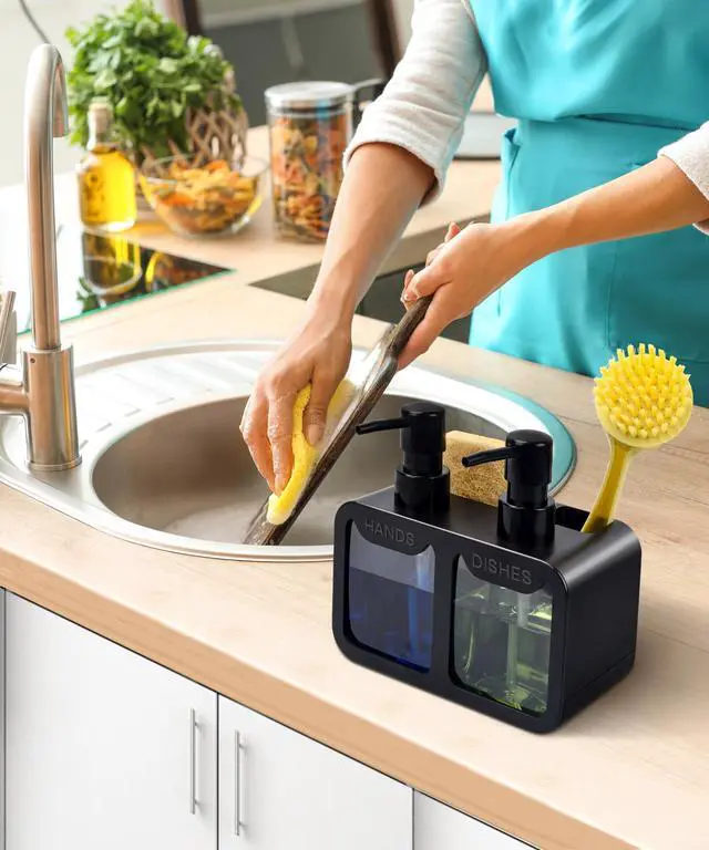 Alt view image 3 of 7 - Kitchen Hand Soap and Dish Soap Dispenser Set, Dual Soap Dispenser with Sponge Caddy and Brush Holder 4-in-1 Organizer for Kitchen Sink Countertop, Useful Kitchen Gadgets - Black