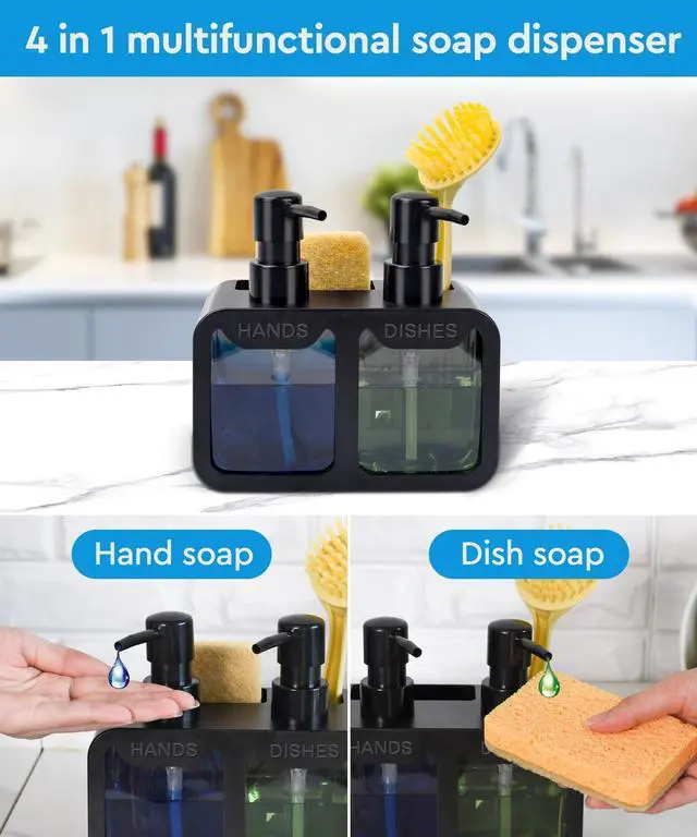 Alt view image 4 of 7 - Kitchen Hand Soap and Dish Soap Dispenser Set, Dual Soap Dispenser with Sponge Caddy and Brush Holder 4-in-1 Organizer for Kitchen Sink Countertop, Useful Kitchen Gadgets - Black