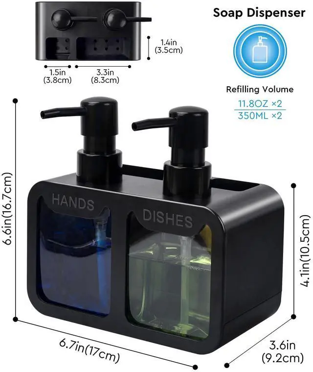 Alt view image 6 of 7 - Kitchen Hand Soap and Dish Soap Dispenser Set, Dual Soap Dispenser with Sponge Caddy and Brush Holder 4-in-1 Organizer for Kitchen Sink Countertop, Useful Kitchen Gadgets - Black