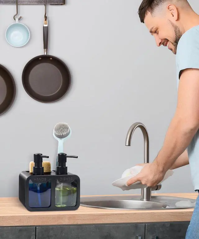 Alt view image 7 of 7 - Kitchen Hand Soap and Dish Soap Dispenser Set, Dual Soap Dispenser with Sponge Caddy and Brush Holder 4-in-1 Organizer for Kitchen Sink Countertop, Useful Kitchen Gadgets - Black