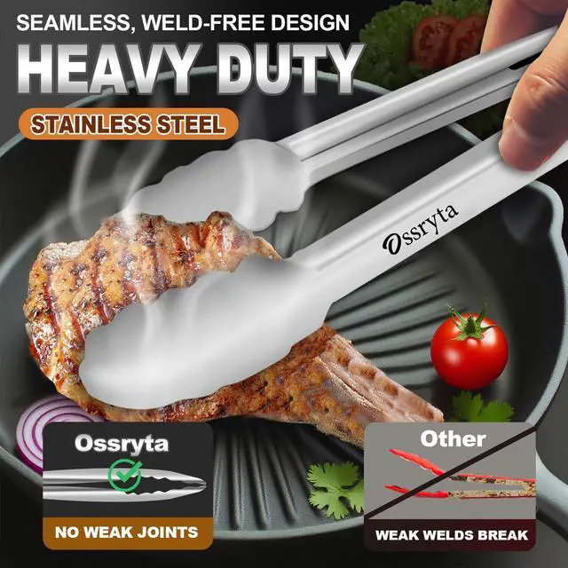 Alt view image 2 of 7 - Stainless Steel Cooking Tongs Set of 3 - Heavy Duty 12/9/7 Inch Locking Tongs, Heat Resistant to 600 Degrees, Food Grade Kitchen Metal Tong for Food, Salad, & BBQ - Dishwasher Safe