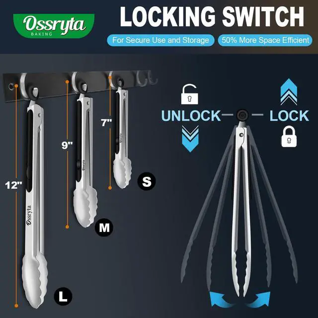 Alt view image 6 of 7 - Stainless Steel Cooking Tongs Set of 3 - Heavy Duty 12/9/7 Inch Locking Tongs, Heat Resistant to 600 Degrees, Food Grade Kitchen Metal Tong for Food, Salad, & BBQ - Dishwasher Safe