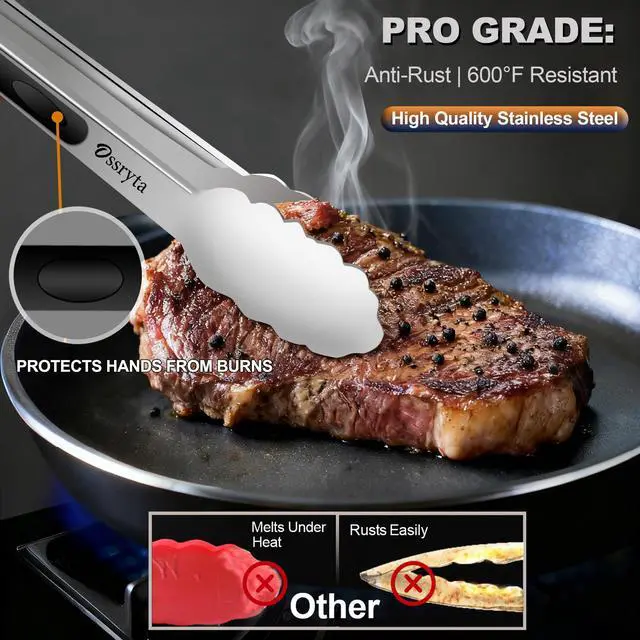 Alt view image 5 of 7 - Stainless Steel Cooking Tongs Set of 3 - Heavy Duty 12/9/7 Inch Locking Tongs, Heat Resistant to 600 Degrees, Food Grade Kitchen Metal Tong for Food, Salad, & BBQ - Dishwasher Safe