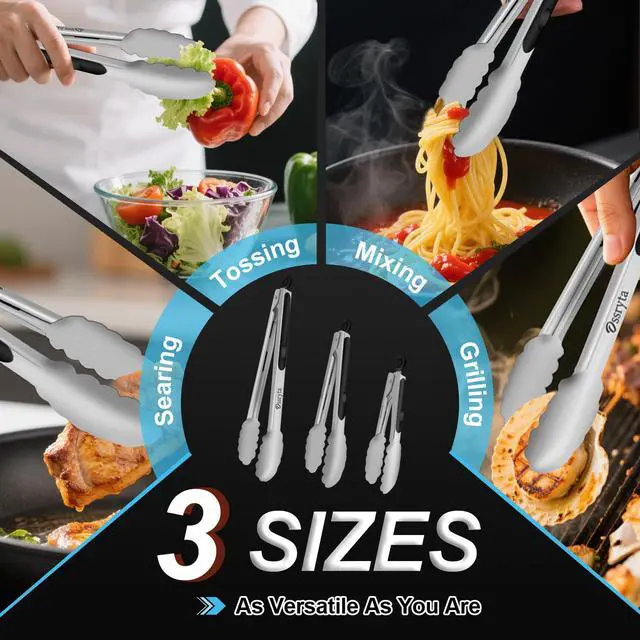 Alt view image 7 of 7 - Stainless Steel Cooking Tongs Set of 3 - Heavy Duty 12/9/7 Inch Locking Tongs, Heat Resistant to 600 Degrees, Food Grade Kitchen Metal Tong for Food, Salad, & BBQ - Dishwasher Safe