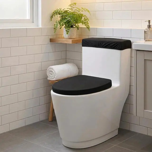 Alt view image 6 of 7 - Black Toilet Lid Cover and Toilet Tank Lid Cover Set, Stretch Washable Polyester Toilet-Seat Covers, Universal Toilet-Cover Set for Most Toilets Tanks & Lids, Bathroom Decor Accessories
