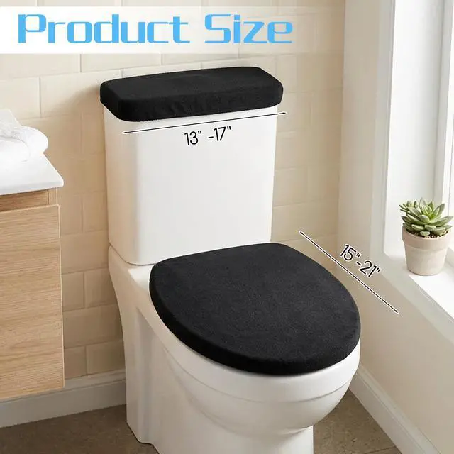 Alt view image 2 of 7 - Black Toilet Lid Cover and Toilet Tank Lid Cover Set, Stretch Washable Polyester Toilet-Seat Covers, Universal Toilet-Cover Set for Most Toilets Tanks & Lids, Bathroom Decor Accessories
