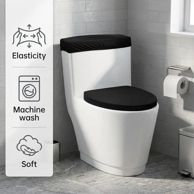 Alt view image 3 of 7 - Black Toilet Lid Cover and Toilet Tank Lid Cover Set, Stretch Washable Polyester Toilet-Seat Covers, Universal Toilet-Cover Set for Most Toilets Tanks & Lids, Bathroom Decor Accessories