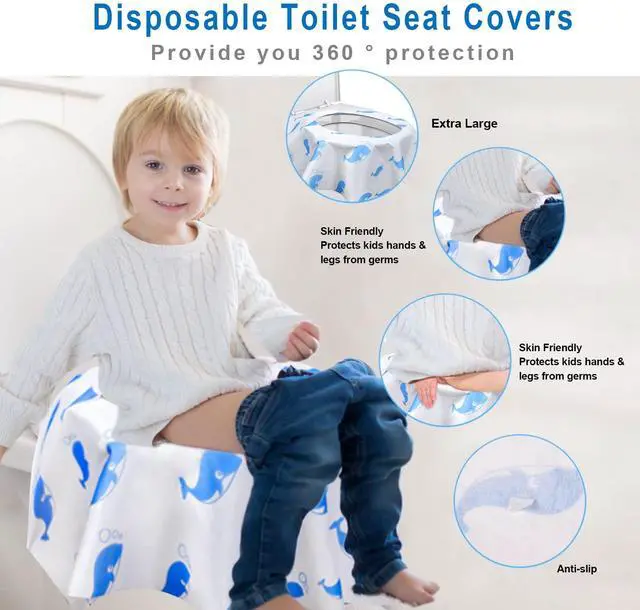 Alt view image 2 of 7 - 20 Pack Toilet Seat Covers Disposable, Extra Large Potty Training Liners | Individually Wrapped, w/ Non-Slip Adhesives, Non-Flushable, for Kids, Toddlers, Adults, Home, Restrooms, Travel - Blue