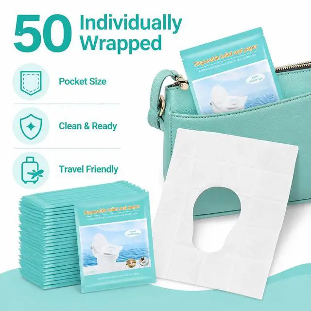 Alt view image 2 of 7 - Toilet Seat Covers Disposable, 50 Pcs Flushable Paper Travel Accessories | Biodegradable, Individually Wrapped, Potty Training, Private Protect for Public Restrooms, Airplane, Camping, Festivals