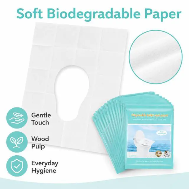 Alt view image 6 of 7 - Toilet Seat Covers Disposable, 50 Pcs Flushable Paper Travel Accessories | Biodegradable, Individually Wrapped, Potty Training, Private Protect for Public Restrooms, Airplane, Camping, Festivals