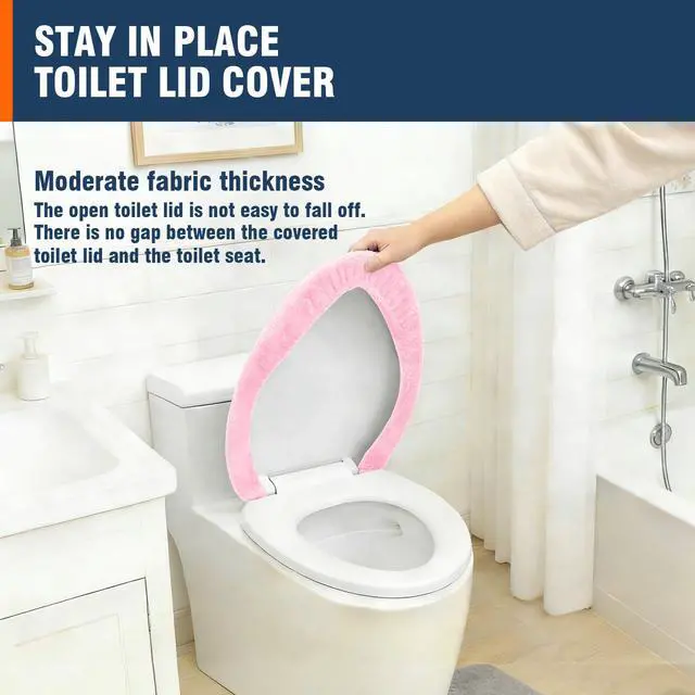 Alt view image 5 of 7 - Soft Plush Toilet Lid Cover for Bathroom, Machine Washable Toilet Seat Covers, Fits Most Round Elongated and Oblong Lids, Easy Installation& Cleaning (Pink)