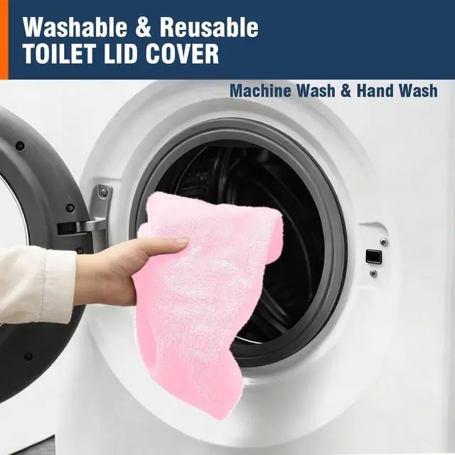 Alt view image 6 of 7 - Soft Plush Toilet Lid Cover for Bathroom, Machine Washable Toilet Seat Covers, Fits Most Round Elongated and Oblong Lids, Easy Installation& Cleaning (Pink)