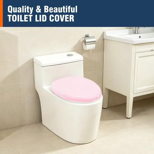 Alt view image 7 of 7 - Soft Plush Toilet Lid Cover for Bathroom, Machine Washable Toilet Seat Covers, Fits Most Round Elongated and Oblong Lids, Easy Installation& Cleaning (Pink)