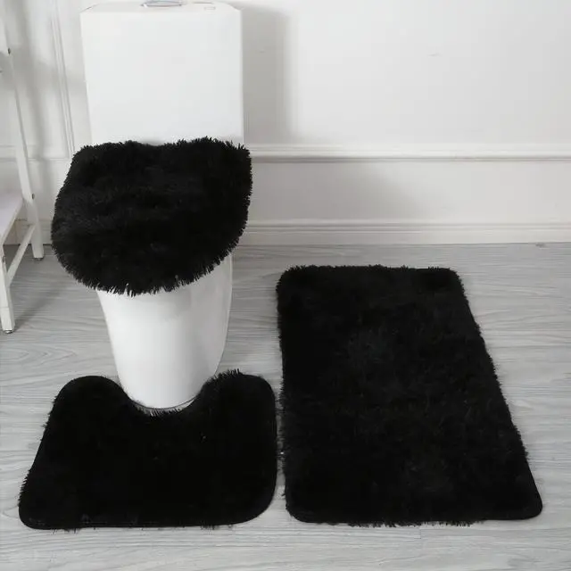 Main image of Black Bathroom Rugs Sets 3Piece Bath Mat Solid Bath Rug Floor Mats Washable Shower Rug with U-Shaped Contour Rug Toilet Lid Cover