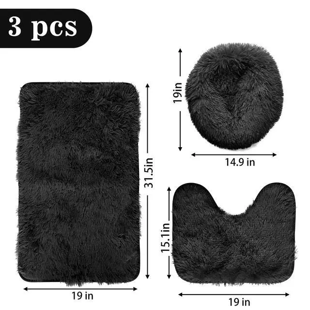 Alt view image 2 of 4 - Black Bathroom Rugs Sets 3Piece Bath Mat Solid Bath Rug Floor Mats Washable Shower Rug with U-Shaped Contour Rug Toilet Lid Cover