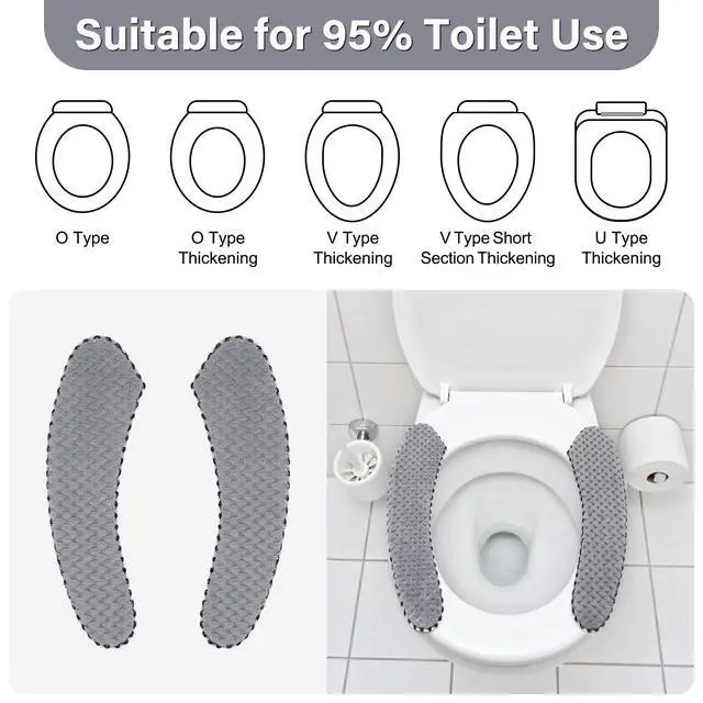 Alt view image 6 of 7 - 2Pairs Warm Toilet Seat Cover Mat Plush Thick Toilet Seat Padded Non Slip Soft Cushion Washable Bathroom Warmer Static Cling Cover Non Adhesive,Grey