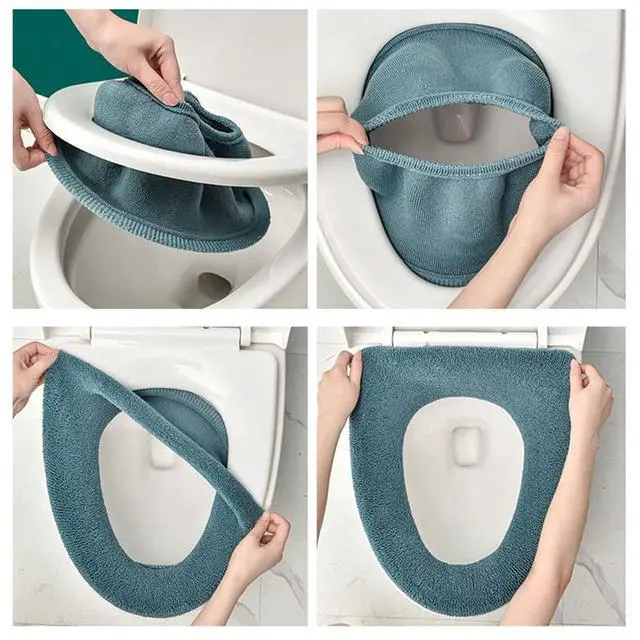 Alt view image 5 of 5 - 3Pcs/Pack Bathroom Soft Thicker Warmer Stretchable Washable Cloth Toilet Seat Cover Pads (Light Purple, Dark Green, Gray)