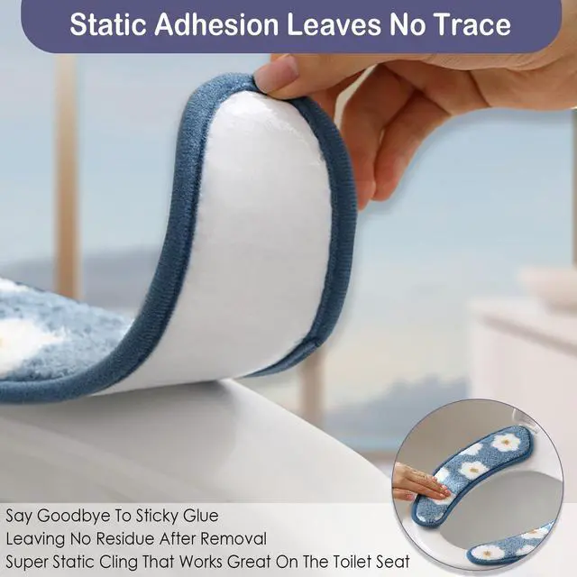 Alt view image 3 of 6 - Thick and Warm Toilet Seat Cover Washable, Reusable Cushion with TPR Adhesive & Floral Pattern for Comfort & Insulation (Blue)