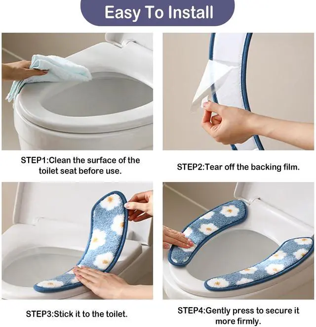 Alt view image 5 of 6 - Thick and Warm Toilet Seat Cover Washable, Reusable Cushion with TPR Adhesive & Floral Pattern for Comfort & Insulation (Blue)