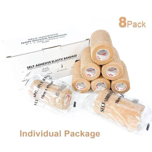 Alt view image 4 of 6 - Self Adhesive Cohesive Bandage Wrap 8 Pack 4x5yd Cohesive Tape Beige | Self Adherant Non-Woven Wrap Rolls, Atheletic Tape for Wrist, Ankle, Hand, Leg, Premium-Grade Medical Stretch Wrap