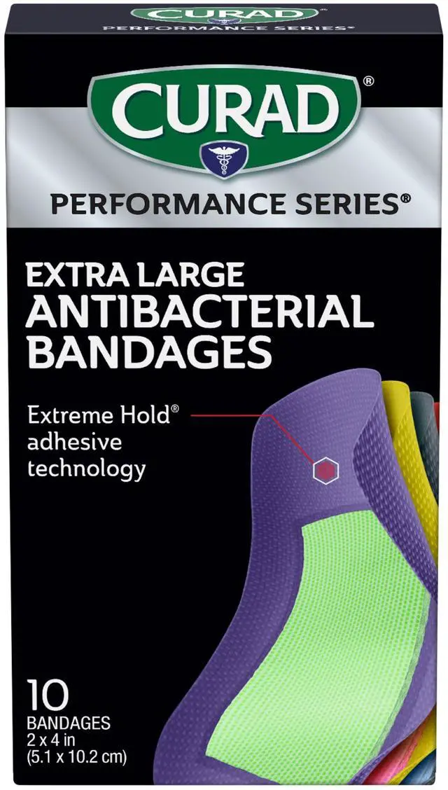 Alt view image 2 of 7 - Performance Series® Extra Large Antibacterial Bandages, 30 Count | 2 in x 4 in Flexible Fabric Bandages for Cuts, Scrapes & Burns, Assorted Colors, Extreme Hold Adhesive Technology, 3 Boxes