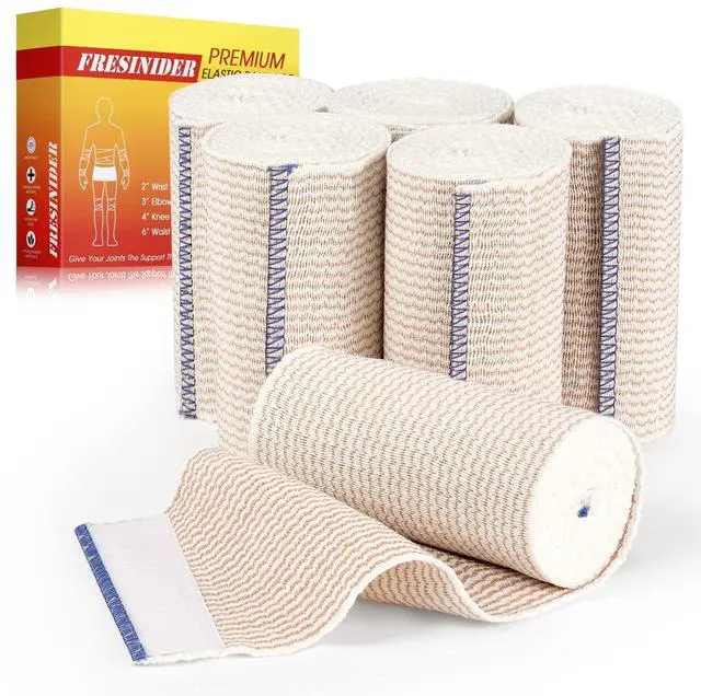 Main image of Premium Elastic Bandage Wrap 4 Inch, 6 Pack, Hook and Loop | All-Purpose 4-Inch Cotton Compression Wrap for Knee, Calf and Elbow; Secure Ends for Sprains, Swelling and Sports Recovery