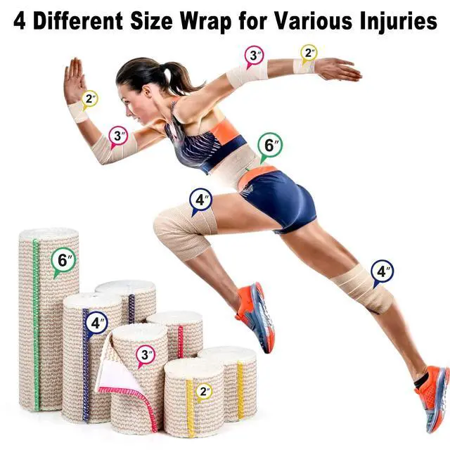 Alt view image 5 of 7 - Premium Elastic Bandage Wrap 4 Inch, 6 Pack, Hook and Loop | All-Purpose 4-Inch Cotton Compression Wrap for Knee, Calf and Elbow; Secure Ends for Sprains, Swelling and Sports Recovery