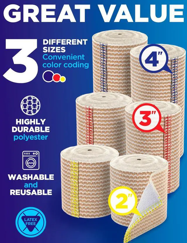 Alt view image 2 of 7 - Premium Elastic Bandage Wrap - 6pack (2x2in, 2x3in, 2x4in) - Self-Closing | Strong Compression Bandage Wrap for Leg, Ankles, Wrists, and Knees - For First Aid Kit and After Surgery Recovery