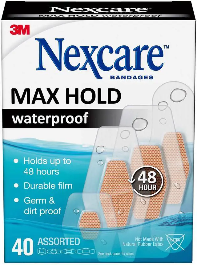 Main image of Max Hold Waterproof Bandages, Contours to Hard-to-Fit Places, Like Heels, The Hand, Knees, and Fingers, Assorted Sizes, 40 Count