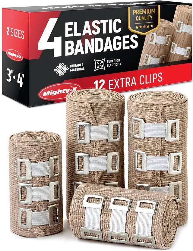 Main image of Premium Elastic Bandage Wrap - 4pk (2x3in, 2x4in) + 12 Extra Clips - Strong Compression Bandage Wrap for Leg, Arm, Wrists, Elbow, Ankles, Feet and Knees - for First Aid Kit and After Surgery Recovery