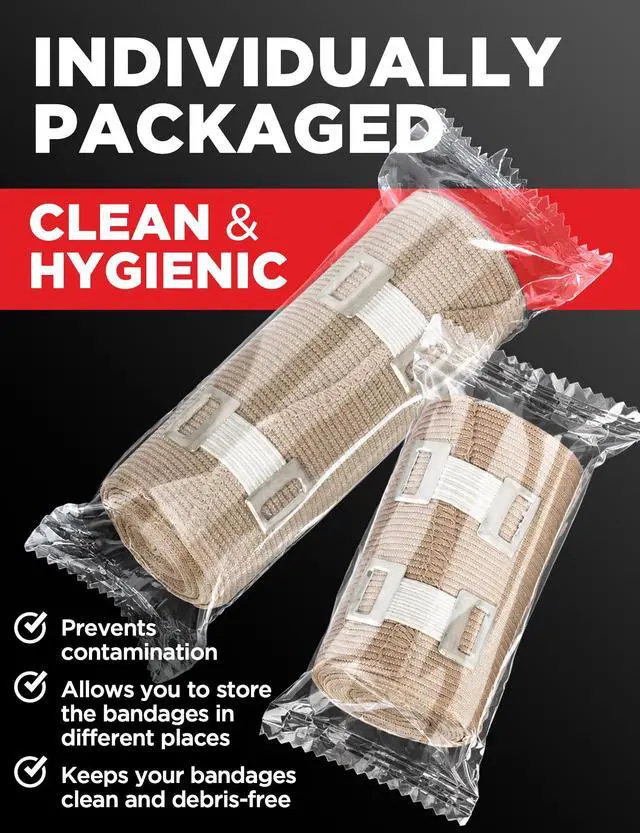 Alt view image 5 of 7 - Premium Elastic Bandage Wrap - 4pk (2x3in, 2x4in) + 12 Extra Clips - Strong Compression Bandage Wrap for Leg, Arm, Wrists, Elbow, Ankles, Feet and Knees - for First Aid Kit and After Surgery Recovery