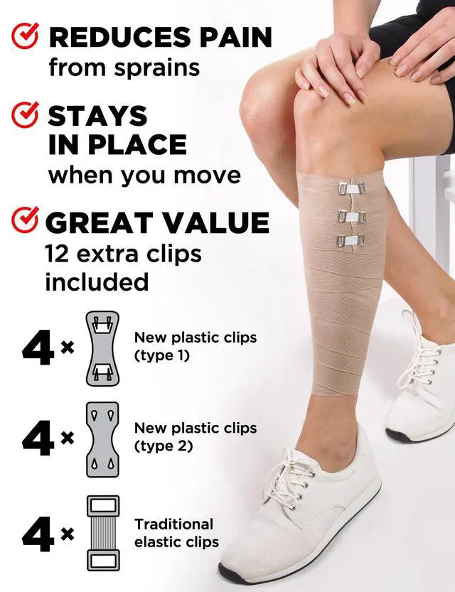 Alt view image 6 of 7 - Premium Elastic Bandage Wrap - 4pk (2x3in, 2x4in) + 12 Extra Clips - Strong Compression Bandage Wrap for Leg, Arm, Wrists, Elbow, Ankles, Feet and Knees - for First Aid Kit and After Surgery Recovery