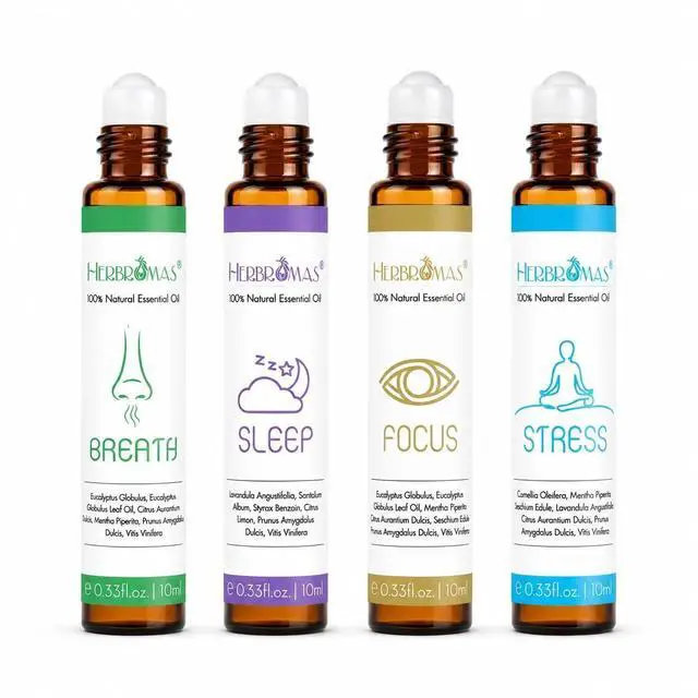 Main image of Aromatherapy Oils Roller Set, Natural Pre-diluted Essential Oils Roll On with Glass Rollerball, Relaxation Gift for Women & Men, Christmas Gift, Pack 4 x 0.33fl.oz