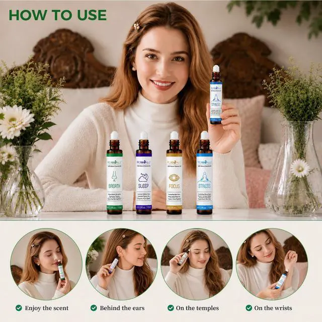 Alt view image 3 of 7 - Aromatherapy Oils Roller Set, Natural Pre-diluted Essential Oils Roll On with Glass Rollerball, Relaxation Gift for Women & Men, Christmas Gift, Pack 4 x 0.33fl.oz