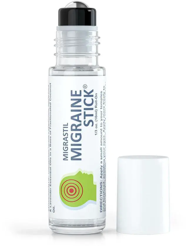 Main image of Migrastil Migraine Stick Roll On, Peppermint Oil, Essential Oil Roller USA | With spearmint & lavender, fractionated coconut oil base | Temples, forehead, neck | 10ml glass bottle | TSA-ready, vegan