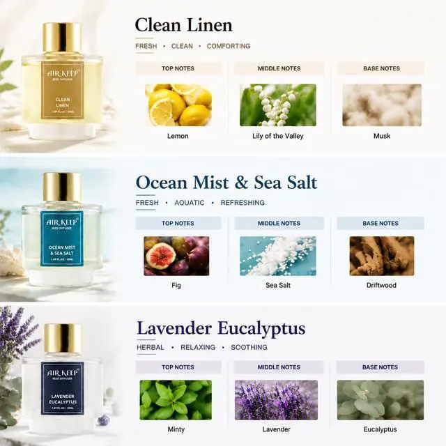 Alt view image 2 of 7 - Reed Diffuser Set of 3,Clean Linen Ocean Mist&Sea Salt Lavender Eucalyptus Oil Reed Diffusers for Bedroom Living Room Office Aromatherapy Oil Reed Diffuser for Gift 50ml x 3