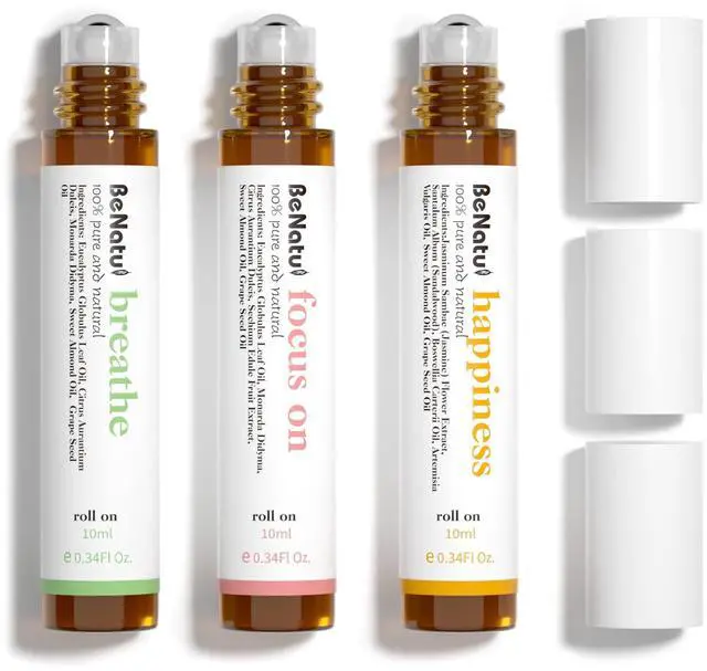 Main image of Essential Oil Blends Set (Breathe, Focus on, Happiness), Natural Aromatherapy Roll On for Massage, Body Skin Care, Home - Natural Fragrance Gift Roller for Women and Men
