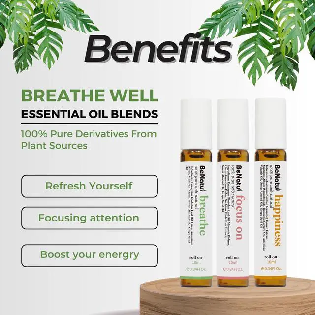 Alt view image 3 of 6 - Essential Oil Blends Set (Breathe, Focus on, Happiness), Natural Aromatherapy Roll On for Massage, Body Skin Care, Home - Natural Fragrance Gift Roller for Women and Men