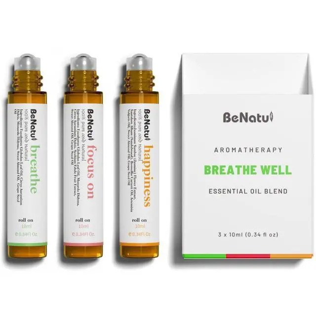 Alt view image 6 of 6 - Essential Oil Blends Set (Breathe, Focus on, Happiness), Natural Aromatherapy Roll On for Massage, Body Skin Care, Home - Natural Fragrance Gift Roller for Women and Men