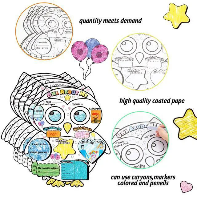 Alt view image 3 of 7 - 40 PCS Owl All About Me Student Posters DIY Color Ready-to-Decorate and Fill in Posters Great Way for Kids Students to Learn About Classmates School Classroom Home Daycare Learning Supplies
