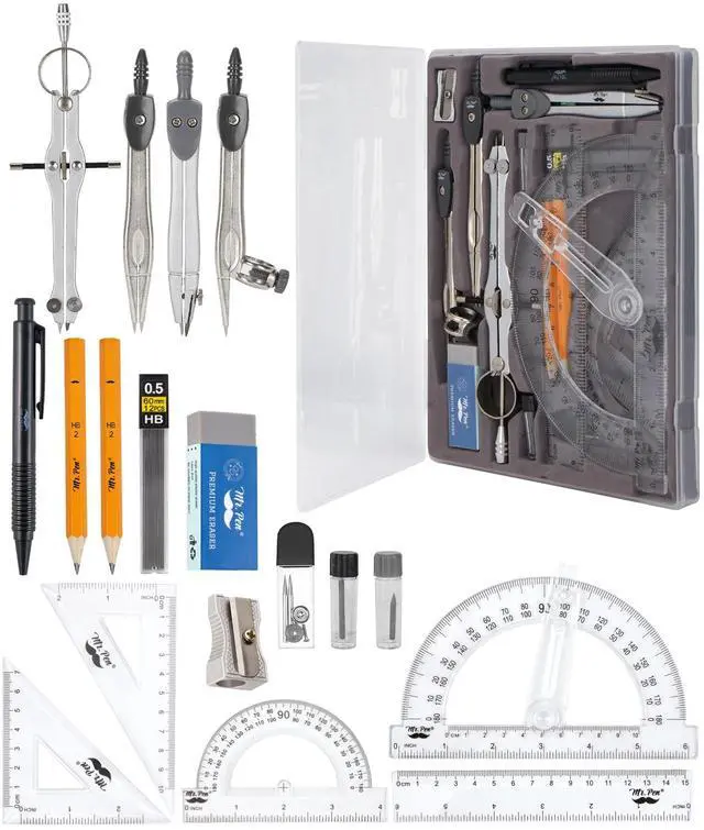 Main image of - Geometry Set, 15 Piece Set with 6 Inch Swing Arm Protractor | IncludesMetal Divider, Set Squares, Ruler, Compasses for Math for Drafting & School Supplies