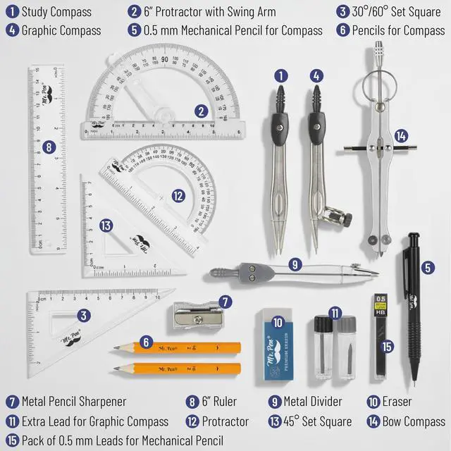 Alt view image 2 of 7 - - Geometry Set, 15 Piece Set with 6 Inch Swing Arm Protractor | IncludesMetal Divider, Set Squares, Ruler, Compasses for Math for Drafting & School Supplies