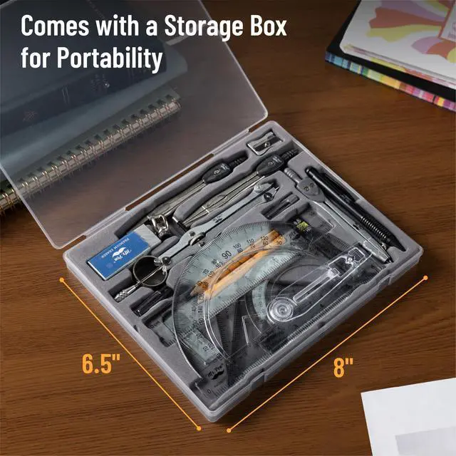 Alt view image 3 of 7 - - Geometry Set, 15 Piece Set with 6 Inch Swing Arm Protractor | IncludesMetal Divider, Set Squares, Ruler, Compasses for Math for Drafting & School Supplies
